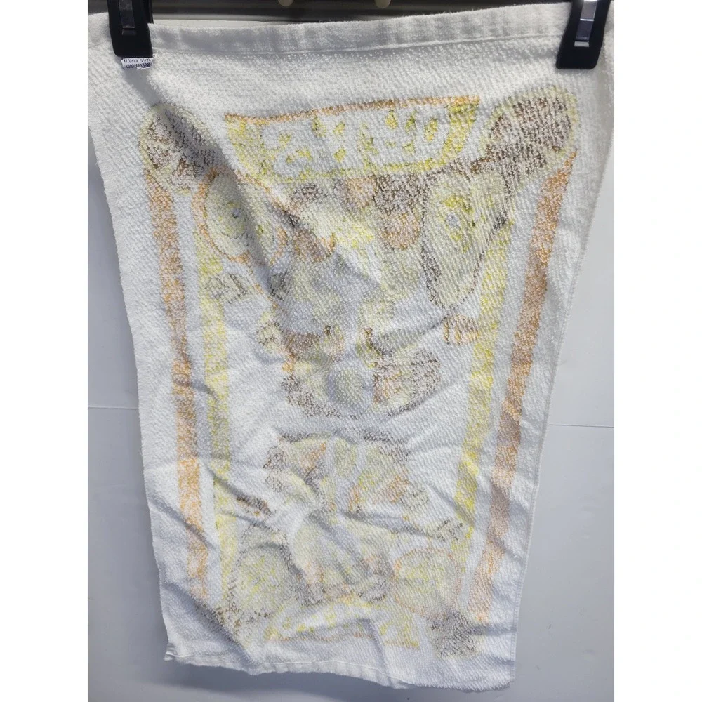 Vintage 70s Retro Fruit Salad Kitchen Towel White Cotton Yellow Orange Brown MCM